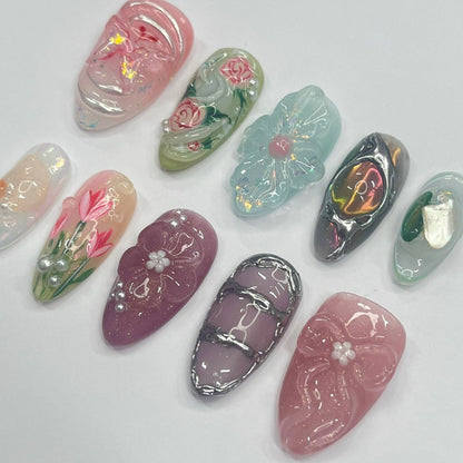 Springtime - 3D Flowers Medium Almond Press on nails, Handmade Floral False Nails for Holiday, Vacation, Birthday, Prom Nails. Gift for Her