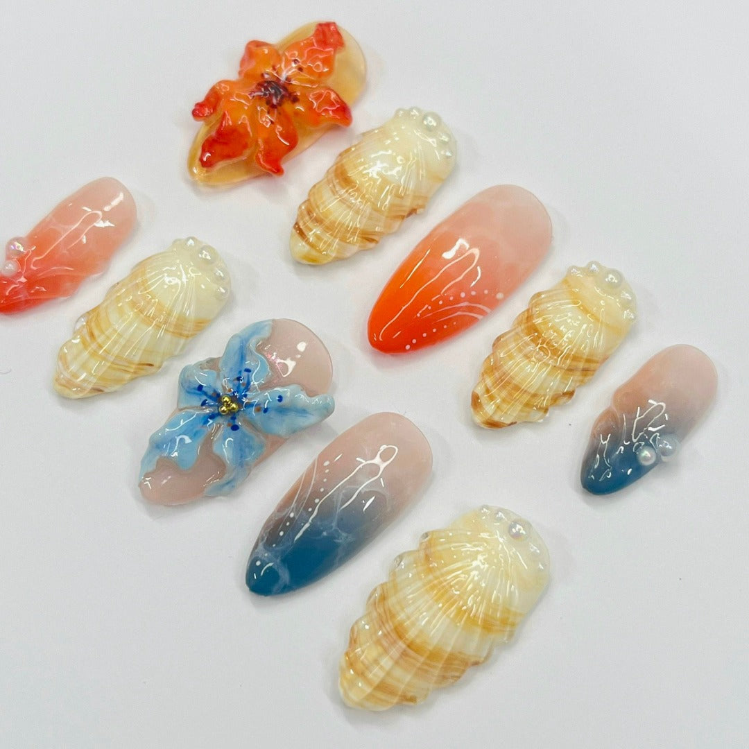 Handmade 3D Seashell and  Tropical Flower Press-On Nails – ocean-inspired designs with coral, blue hues, seashell textures, Perfect for summer holidays, birthdays, vacations, or as a thoughtful gift for her.