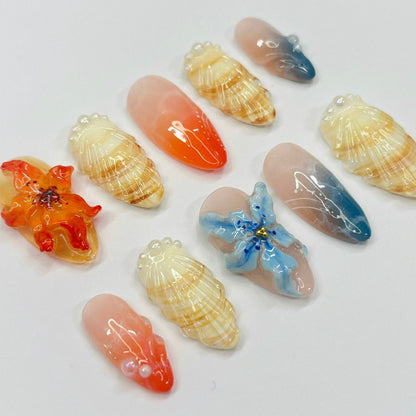 Handmade 3D Seashell and  Tropical Flower Press-On Nails – ocean-inspired designs with coral, blue hues, seashell textures, Perfect for summer holidays, birthdays, vacations, or as a thoughtful gift for her.