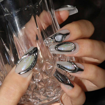 Metallic Mirage - Ersa Nails Metallic Grey Mid  Coffin PressOnNails