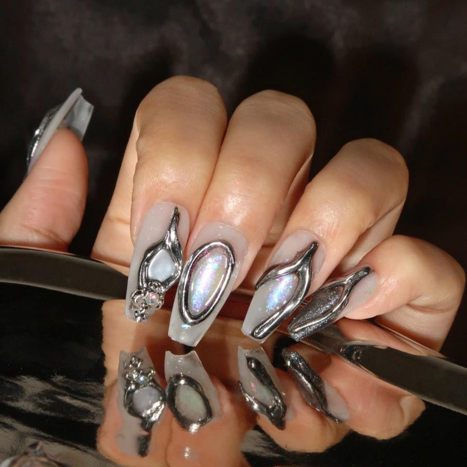 Metallic Mirage - Ersa Nails Metallic Grey Mid  Coffin PressOnNails