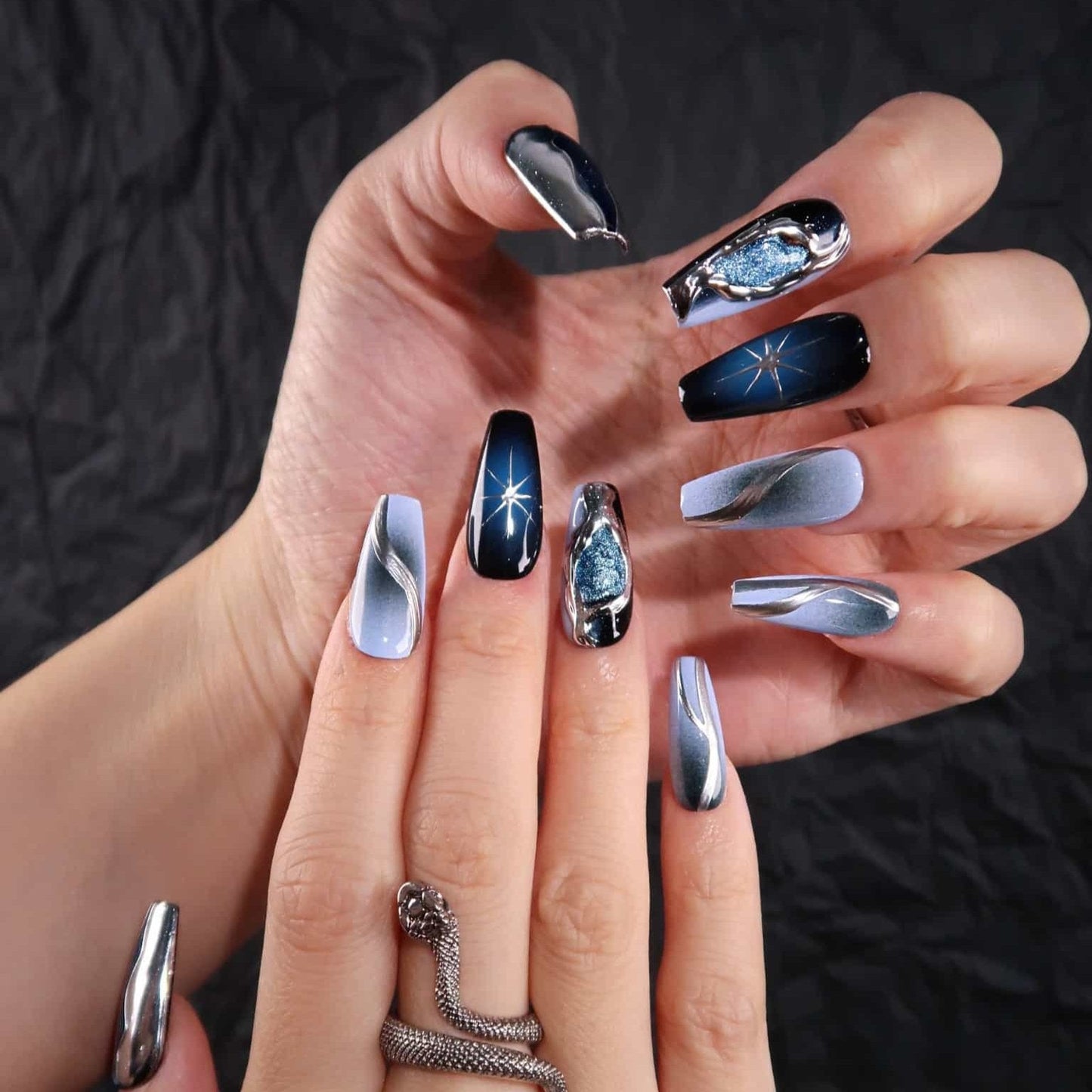 Midnight Swirl - Ersa Nails Black Blue Mid Coffin PressOnNails