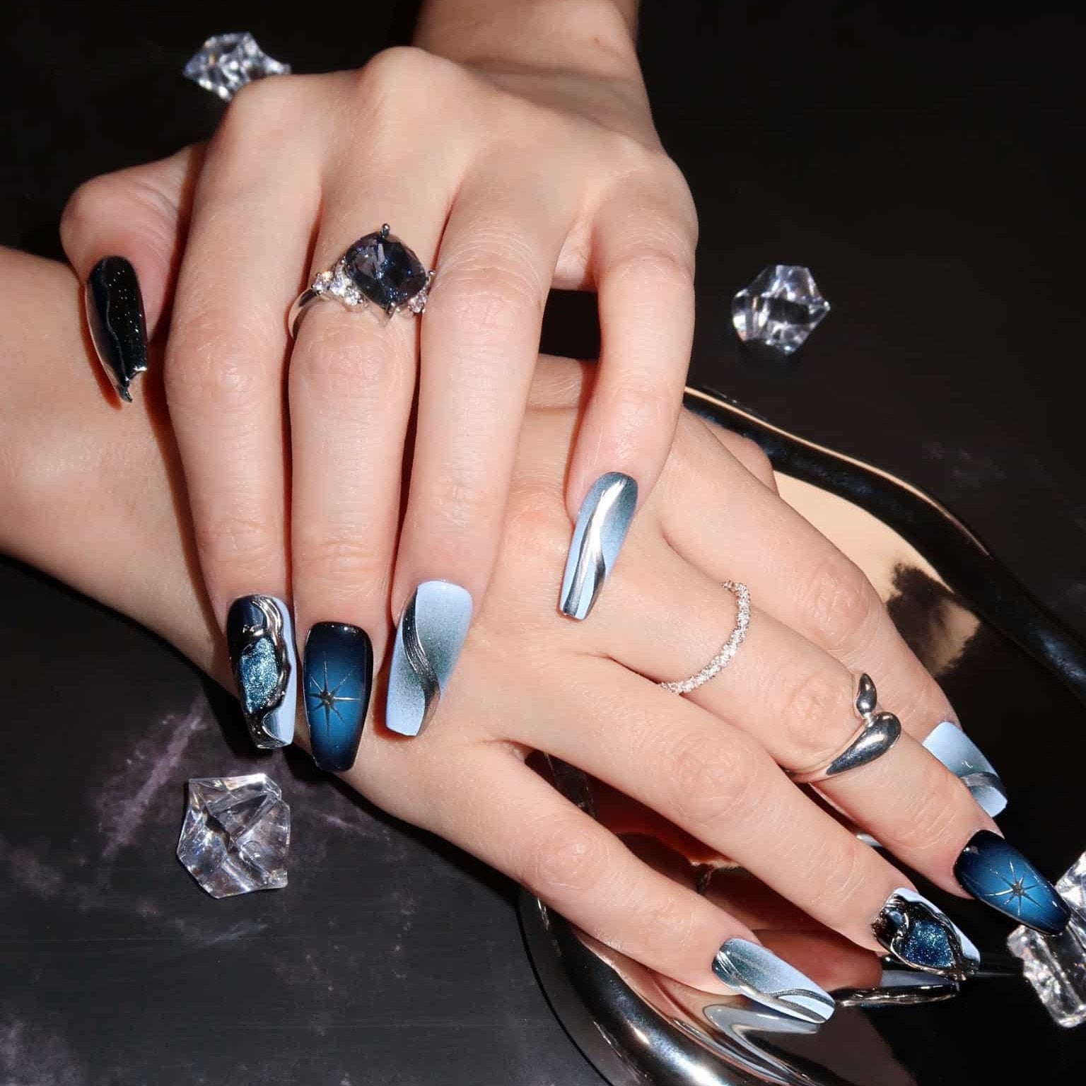 Midnight Swirl - Ersa Nails Black Blue Mid Coffin PressOnNails