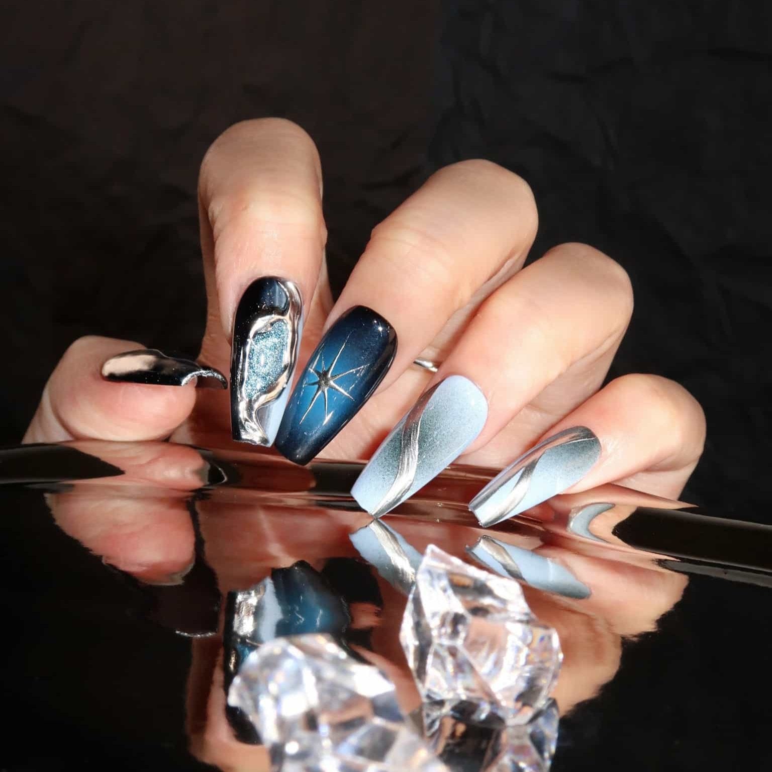 Midnight Swirl - Ersa Nails Black Blue Mid Coffin PressOnNails