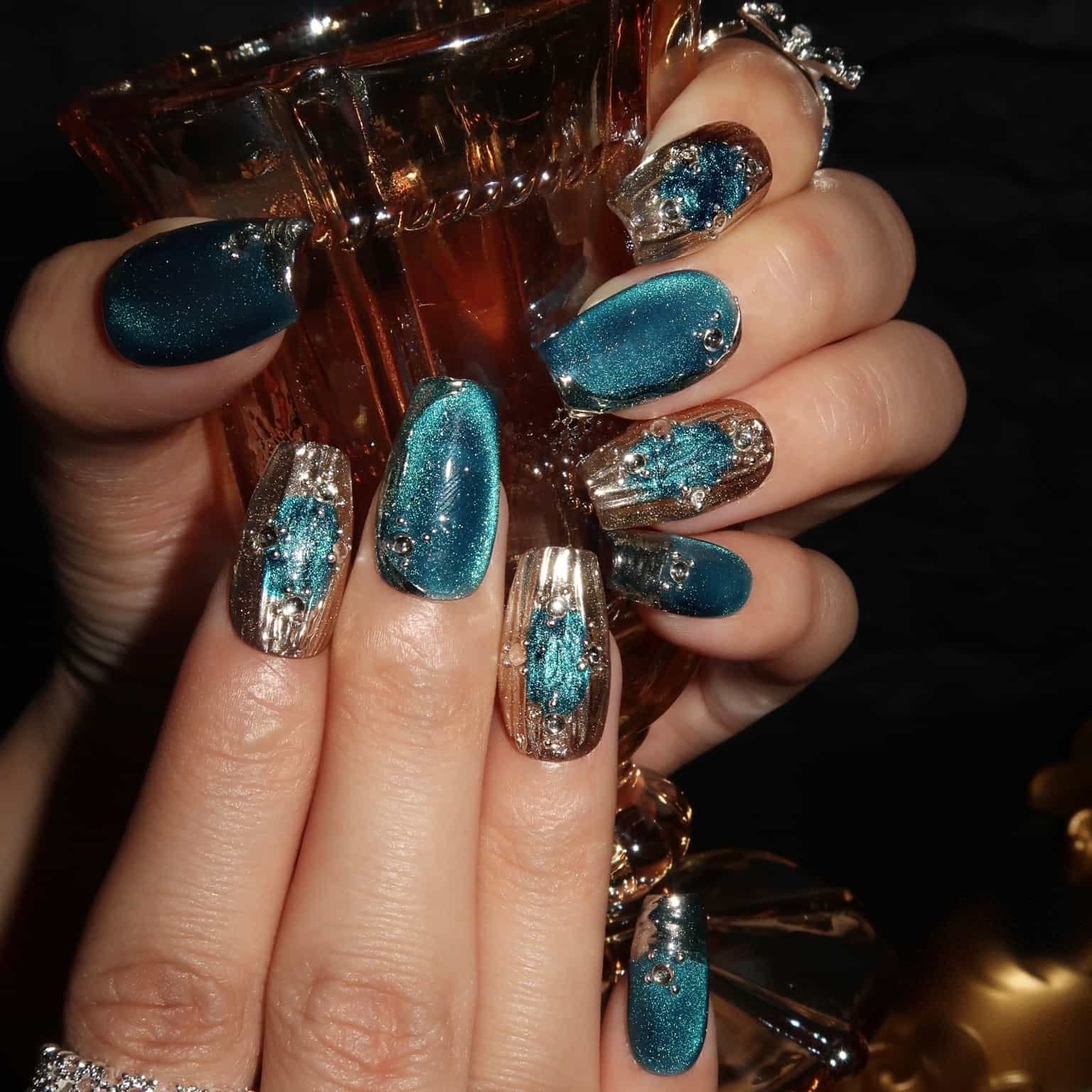 Oceanic Shimmer  - Ersa Nails Blue Sliver Short Coffin PressOnNails