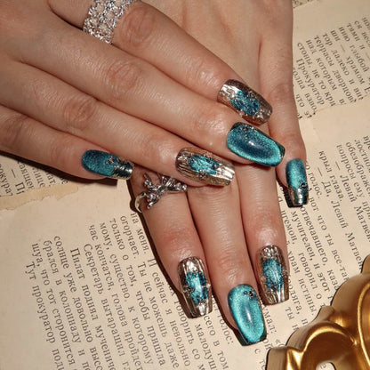 Oceanic Shimmer  - Ersa Nails Blue Sliver Short Coffin PressOnNails