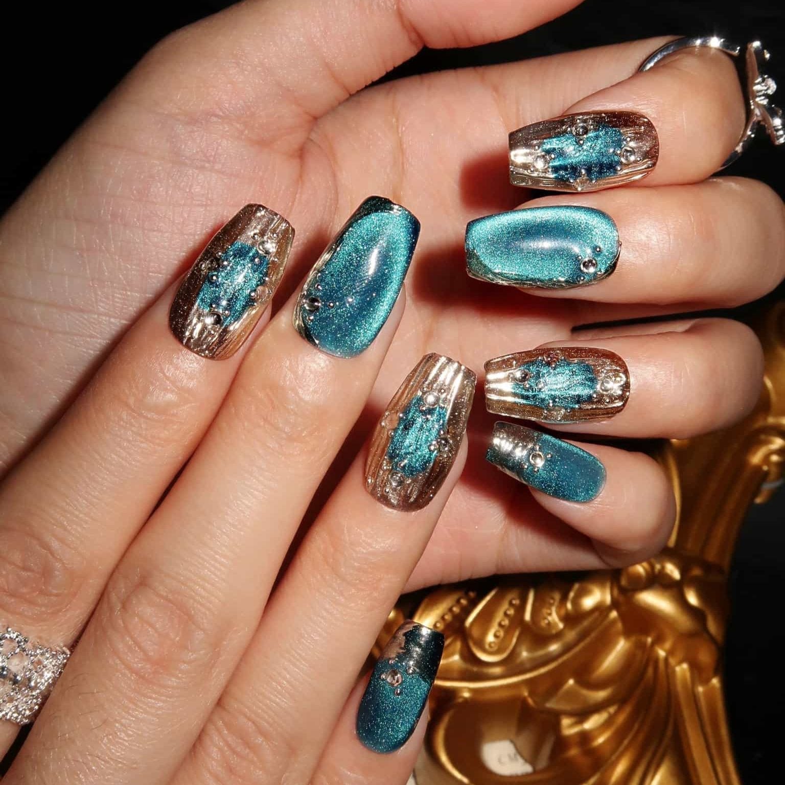 Oceanic Shimmer  - Ersa Nails Blue Sliver Short Coffin PressOnNails