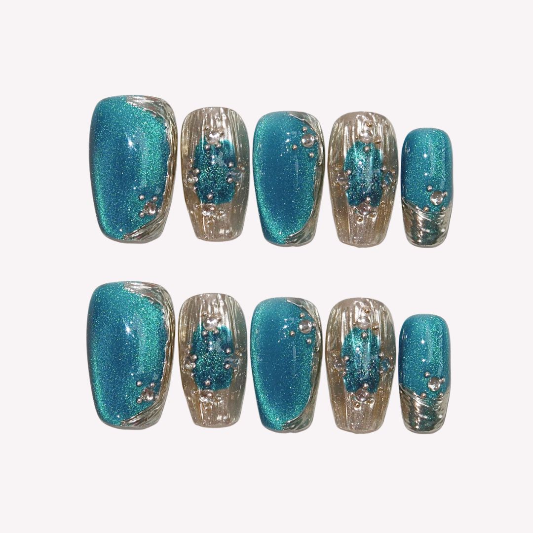 Oceanic Shimmer  - Ersa Nails Blue Sliver Short Coffin PressOnNails