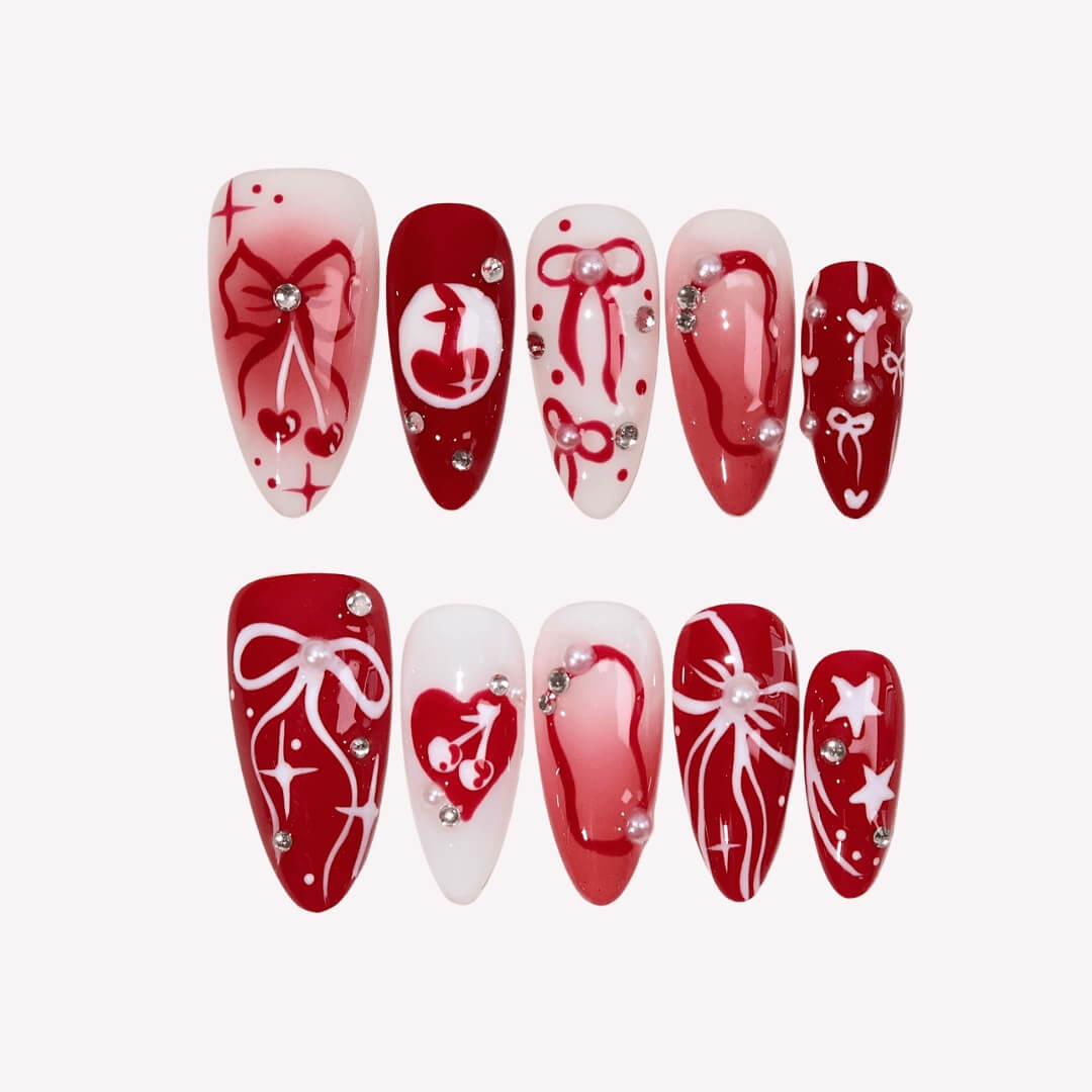 Ribbon of Love - Ersa Nails Red White PressOnNails