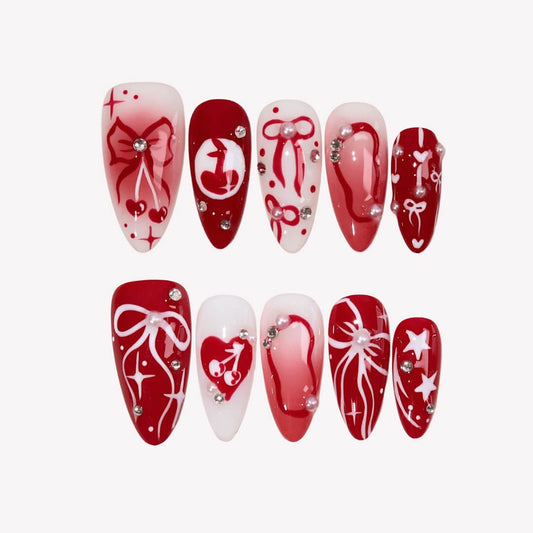 Ribbon of Love - Ersa Nails Red White PressOnNails