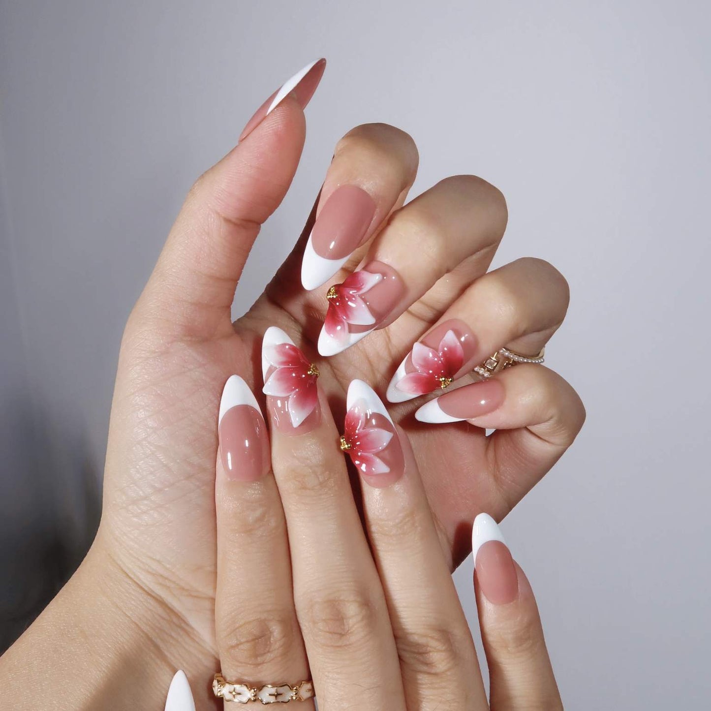 Scarlet Petals - Ersa Nails Nude White Red PressOnNails