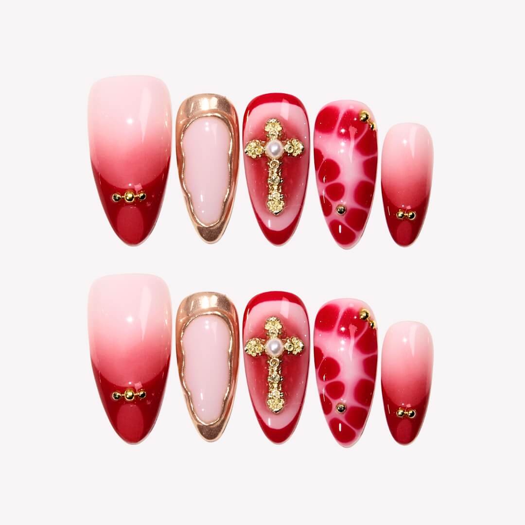 Seraphic Flame - Ersa Nails Pink Red Gold PressOnNails