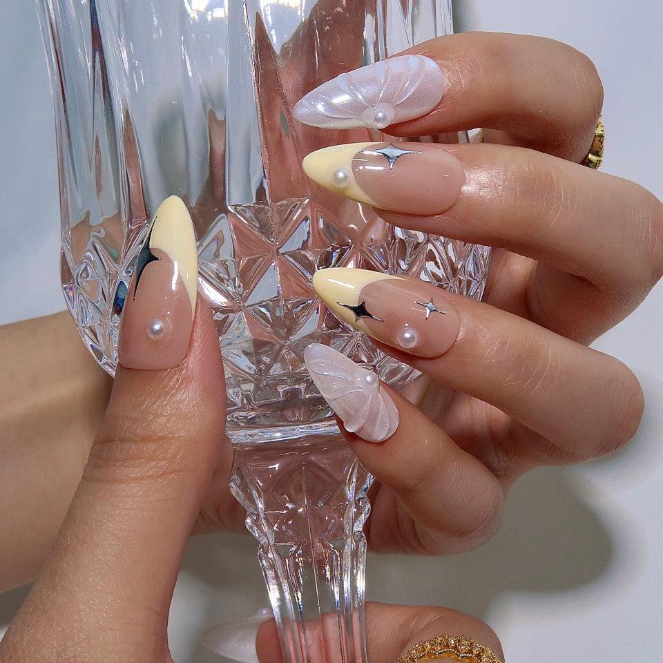 Stargazing - Ersa Nails White Nude Silver Med Almond PressOnNails