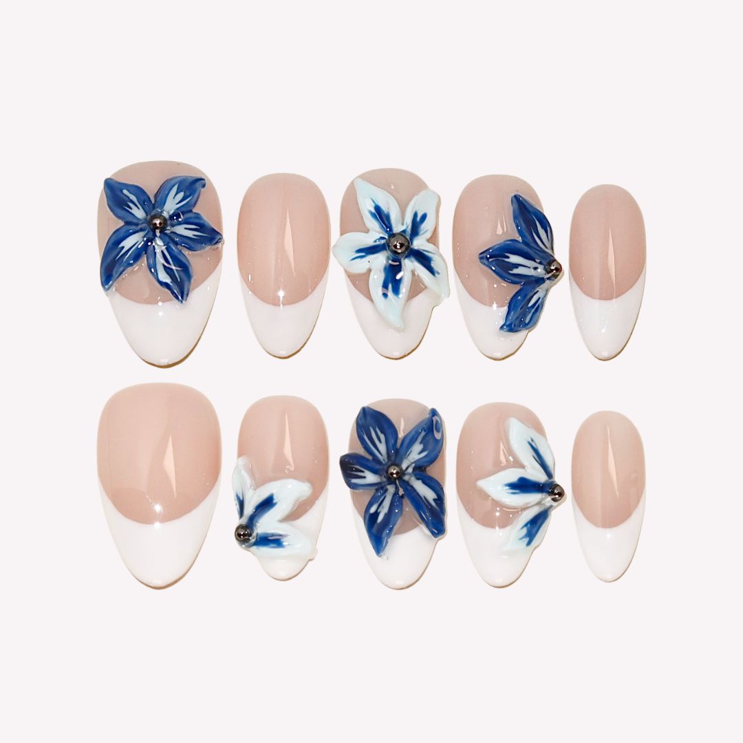 Surf’s Up - Ersa Nails Nude Blue White PressOnNails