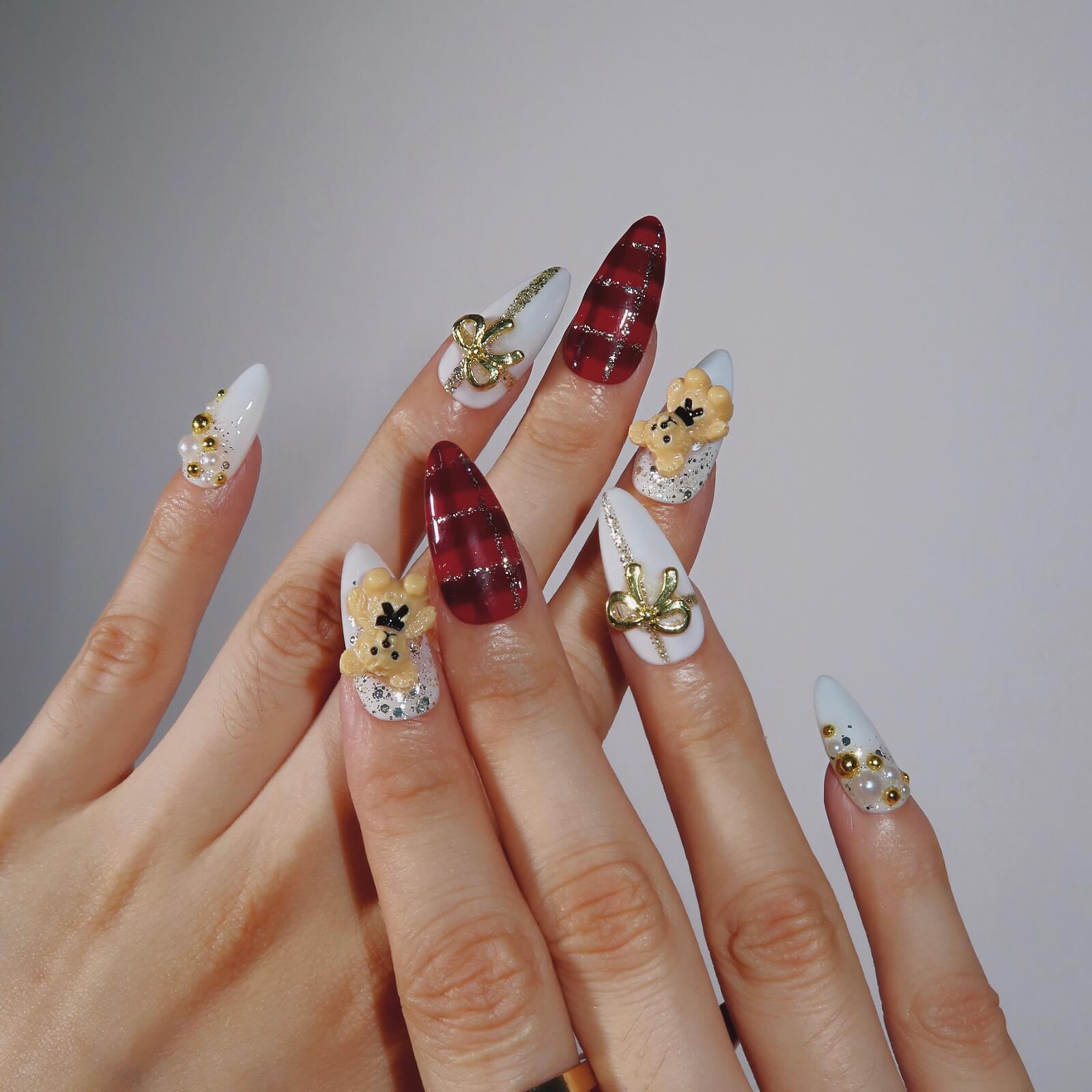 Teddy's Caress - Ersa Nails Red White Gold PressOnNails