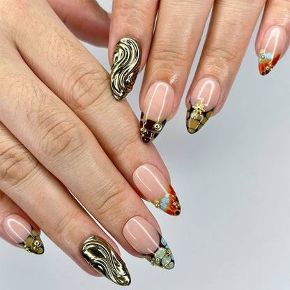 Handmade Luxe Mosaic Press-On Nails – nude tones with gold chrome accents, mosaic patterns, and star details. Perfect for holidays, birthdays, vacations, or as a luxurious gift for her.