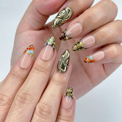 Handmade Luxe Mosaic Press-On Nails – nude tones with gold chrome accents, mosaic patterns, and star details. Perfect for holidays, birthdays, vacations, or as a luxurious gift for her.