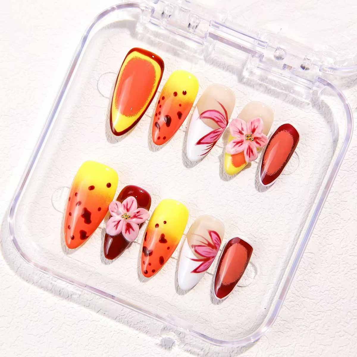 Vibrant Nail Art with Gradient and Floral Designs