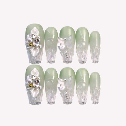 Water Lilies - Ersa Nails Jade White Medium Coffin PressOnNails