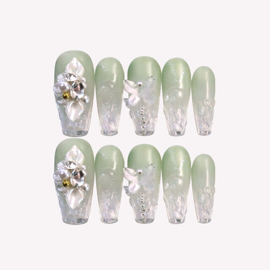 Water Lilies - Ersa Nails Jade White Medium Coffin PressOnNails