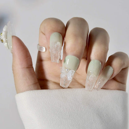 Water Lilies - Ersa Nails Jade White Medium Coffin PressOnNails