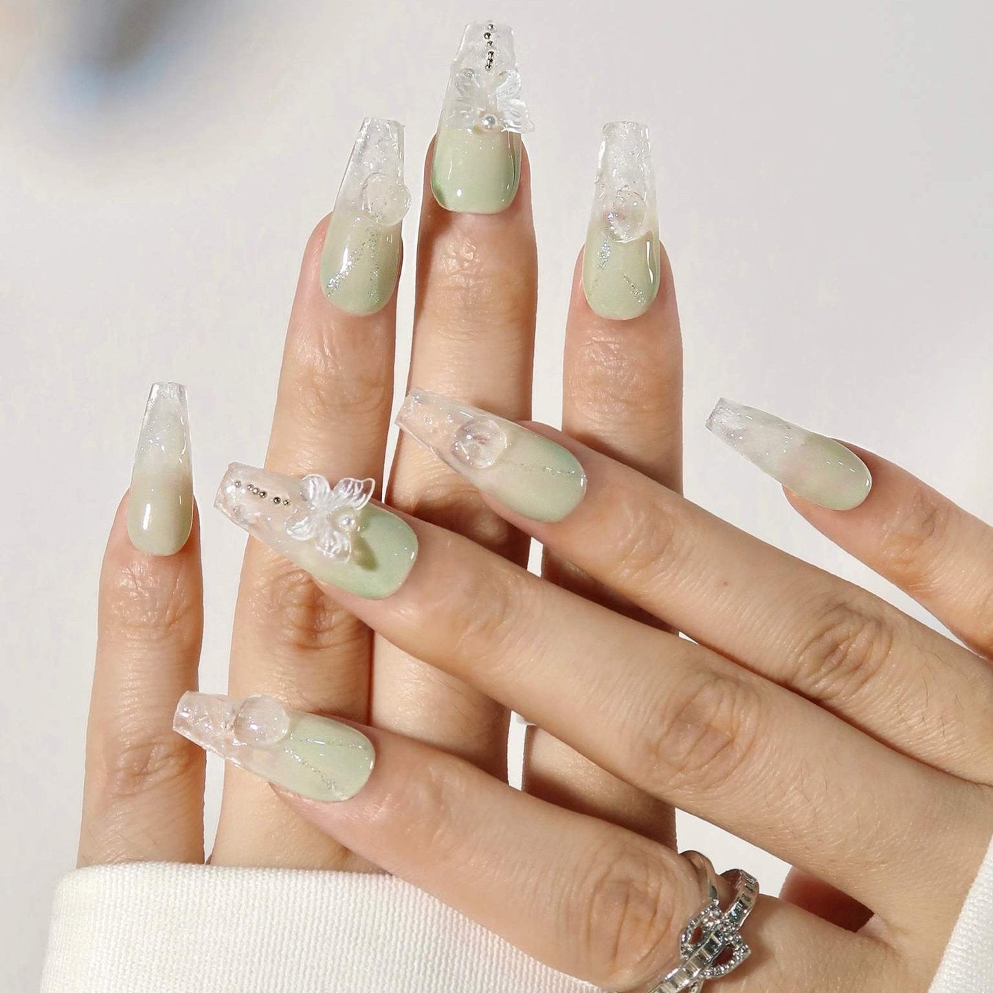 Water Lilies - Ersa Nails Jade White Medium Coffin PressOnNails