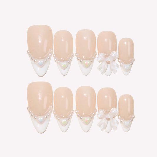 White Ribbon - Ersa Nails Nude White Med Almond PressOnNails